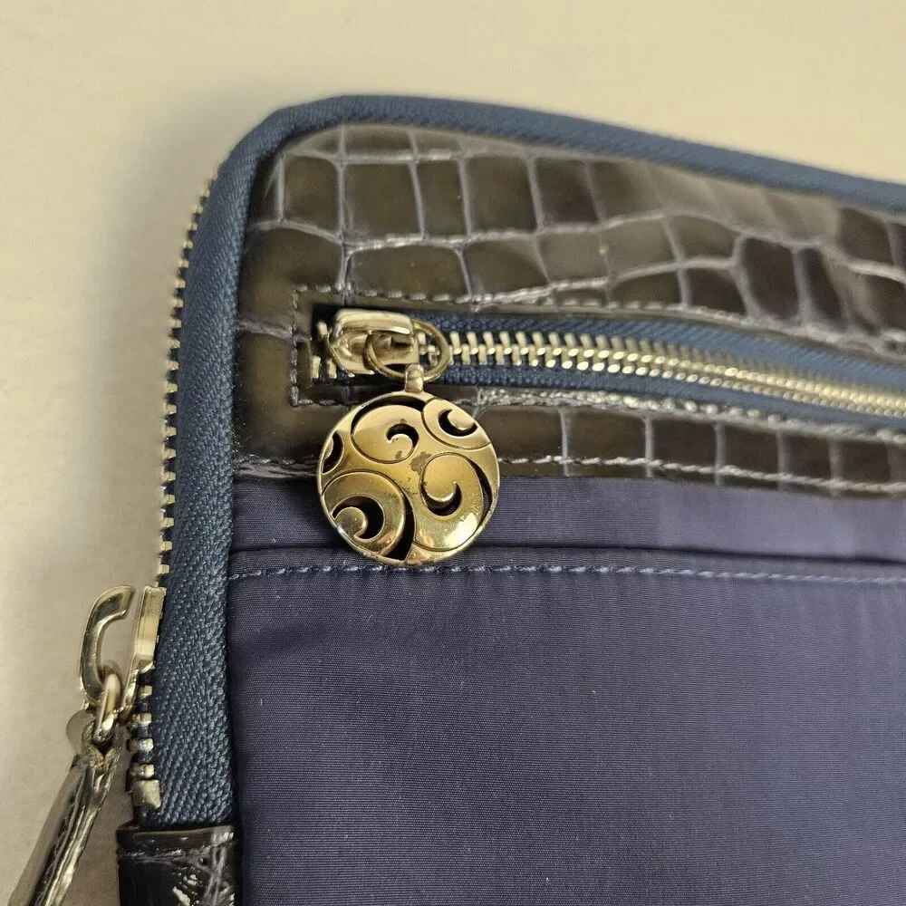 Brighton Nylon Leather Cosmetic Travel Case Clutch Pouch Bag Navy Silver Luxury